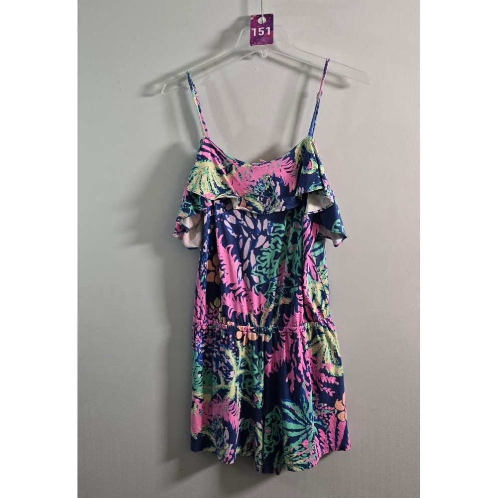 Lilly Pulitzer Womens Klea Romper Floral Tropical Ruffle Indigo All A Glow Sz S
